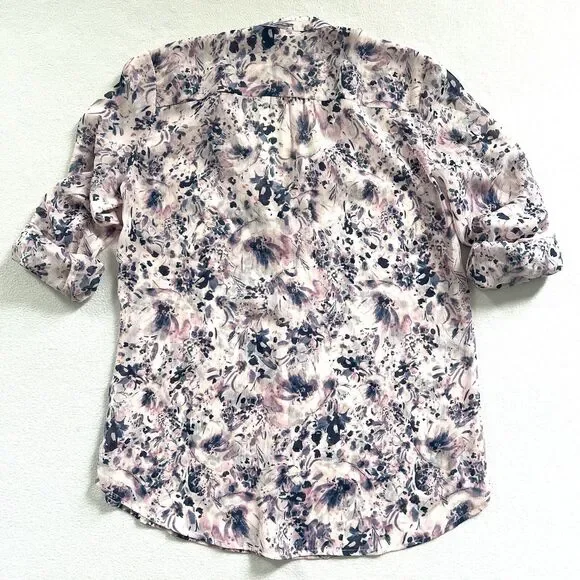 Kut from the Kloth Jasmine Pink Blue Floral Semi-Sheer Button Roll-Tab Blouse XS - Picture 6 of 10